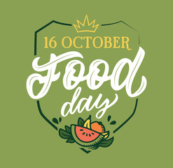 The lettering phrase Food day. The emblem in the doodle style
