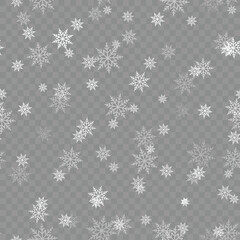 Fototapeta na wymiar Seamless Xmas or New Year card with falling snowflakes on transparent background. Vector