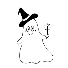 Cute friendly ghost with magic wand and witch cap on head. Doodle style.Childish halloween clipart.Outline.Isolated on white background.