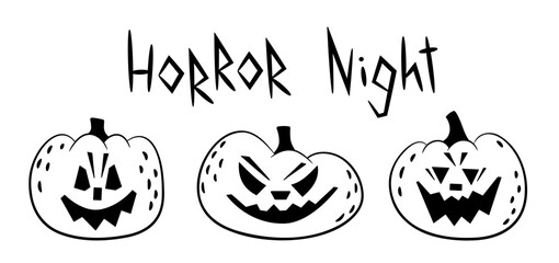 Doodle set of creepy halloween pumpkins and lettering Horror night.Outline.Sketch.Vector design elements for cards,poster,social media template,invitation.Isolated on white background.