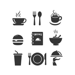 Food and drink icon vector design illustration fit for cafe, restaurant, catering, menu book icon, burger, chicken soup, soda, plate, spoon, fork, mug or cup of coffee icon