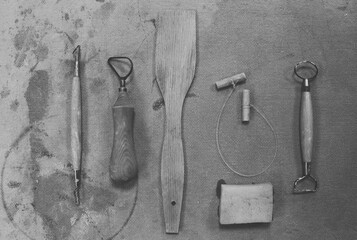 Artist's toolkit for decorating patterns and shapes of clay sculptures. Basic Pottery Tool Set.  Black and white photo