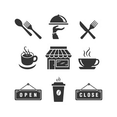 Set of cafe icons, restaurant icon, food and drink icon vector design illustration, close icon for shop, open icon design illustration set