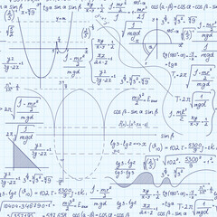 Back to school vector seamless pattern with handwritten math and physical formulas, plots and figures on copybook grid paper
