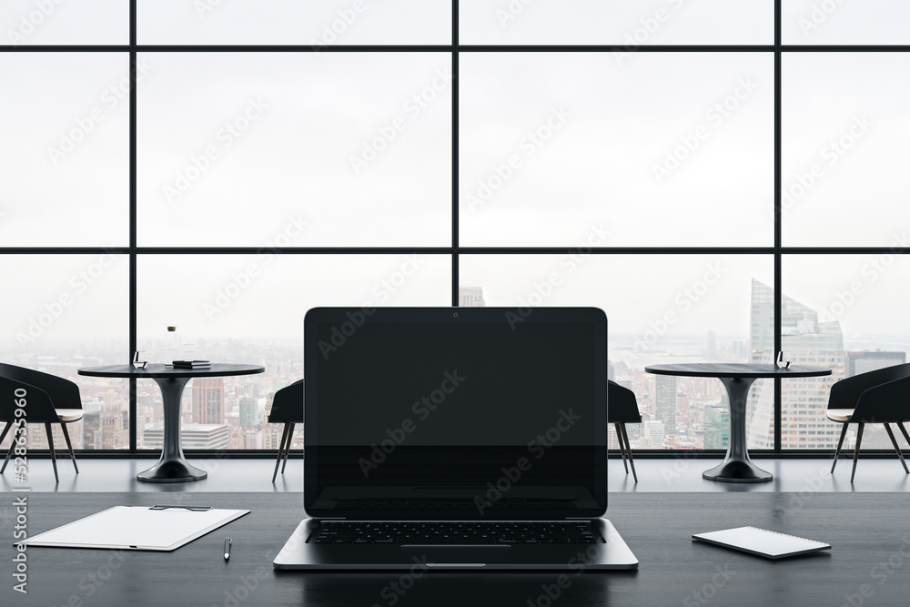 Poster Close up of empty laptop screen on gray office desktop with supplies on panoramic window and city view background. Mock up, 3D Rendering.