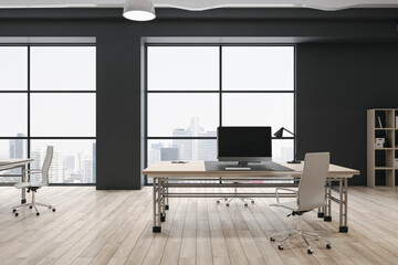 Contemporary wooden and concrete coworking office interior with furniture, bookcase, window with city view. 3D Rendering.