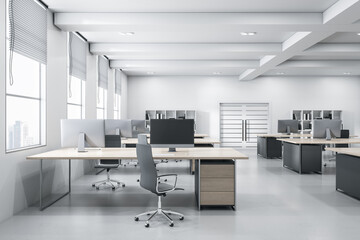 Modern wooden and concrete coworking office interior with furniture, bookcase, window with city view. 3D Rendering.