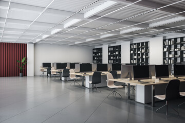 Modern designer coworking office interior with furniture, bookcase and equipment. 3D Rendering.