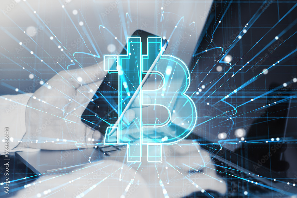 Poster businessman hands using laptop keyboard and smartphone with glowing digital bitcoin hologram and lin