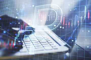 Close up of hands using notebook with creative glowing ruble hologram and forex chart on blurry background. Money, trade, market, online banking app, currency and finance concept. Double exposure.