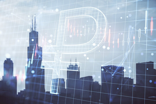 Creative glowing ruble hologram and forex chart on blurry city background with grid. Money, trade, market, online banking app, currency and finance concept. Double exposure.
