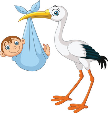 Cartoon stork carrying a newborn