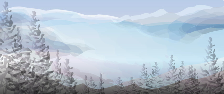 Winter mountain landscape, frozen lake. Snowy forest in pastel blue colors. Minimalist vector illustration suitable for banners, booklets, web, brochures, flyers, advertisements.