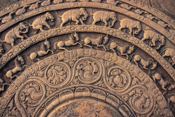 Closer look of Moon Stone or Sandhira Vattakkal at Vatatage, Polonnaruwa, Sri Lanka