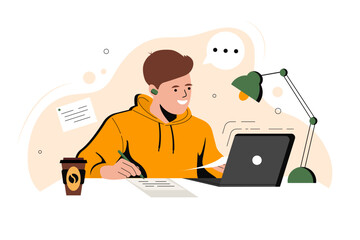 Fototapeta na wymiar Smiling guy is Studying at home with a Laptop. Concept of Online Learning at home. Can be used for Educational website landing page, Students characters. Flat vector illustration.