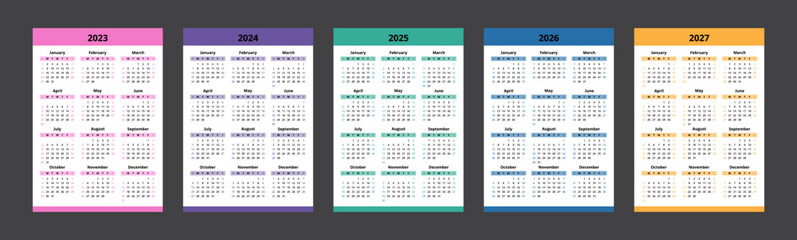 Calendar 2023, 2024, 2025, 2026, 2027. Colorful calendar template design. Week start on Sunday.