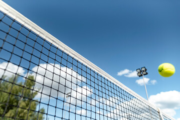 tennis background Close-up shots of tennis balls in tennis courts With a mesh as a blurred...