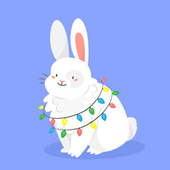 Cute white rabbit with a garland in cartoon style isolated on the background. Vector Christmas illustration. 2023 is the new year of the rabbit.