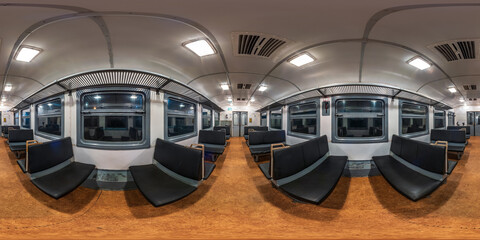 full seamless hdri panorama 360 degrees angle view in interior of empty budget passenger railway...