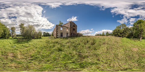 full hdri seamless spherical 360 panorama near old ruined abandoned medieval castle, palace or...