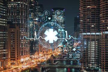 Illuminated aerial city panorama of Chicago Riverwalk downtown, Boardwalk with bridges, night time, Illinois, USA. Health care digital medicine hologram. Concept of treatment and disease prevention