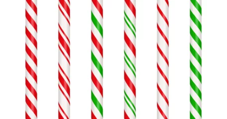 Foto op Canvas Christmas candy cane straight line border with red and green striped. Xmas seamless line with striped candy lollipop pattern. Christmas element. Vector illustration isolated on white background. © Elena Pimukova
