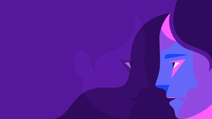 Fond d'écran violet pour page accueil de site web internet, illustration d'un visage de profil fixant son reflet, émotion psychologie soin communication, regard vers soi-même, féminin