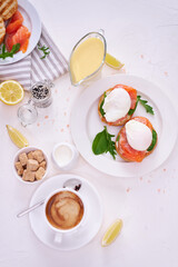 Cream cheese, Smoked salmon and poached egg toasts on a plate