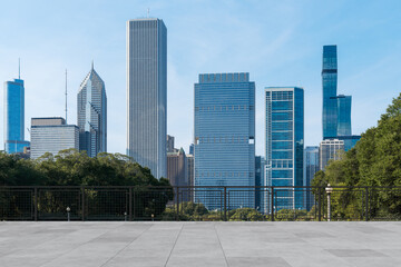 Skyscrapers Cityscape Downtown, Chicago Skyline Buildings. Beautiful Real Estate. Day time. Empty rooftop View. Success concept.