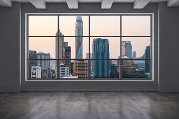 Empty room Interior Skyscrapers View Bangkok. Downtown City Skyline Buildings from High Rise Window. Beautiful Expensive Real Estate overlooking. Sunset. 3d rendering.