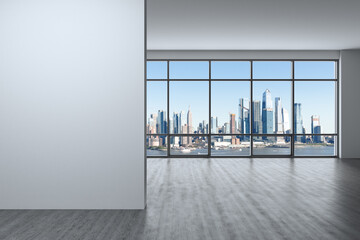 Midtown New York City Manhattan Skyline Buildings from High Rise Window. Mockup white wall. Real Estate. Empty room Interior Skyscrapers View Cityscape. Day time. Hudson Yards West Side. 3d rendering