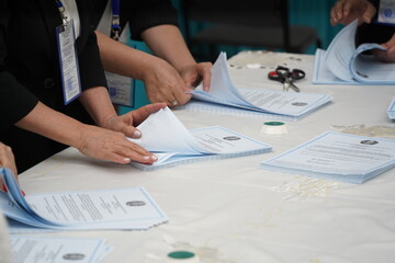 Almaty, Kazakhstan - 06.05.2022 : Counting of votes after the closing of the polling station.
