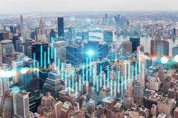 Skyscrapers Cityscape Downtown View, New York Skyline Buildings. Beautiful Real Estate. Day time. Forex Financial graph and chart hologram. Business education concept.