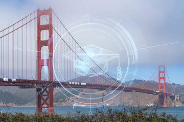 Fototapeta na wymiar The iconic view of the Golden Gate Bridge from South side at day time, San Francisco, California, United States. Technologies, education concept. Academic research, top ranking university, hologram
