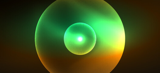 Abstract background with neon glowing light effects. Round shapes, triangles and circles. Wallpaper for concept of AI technology, blockchain, communication, 5G, science, business and technology