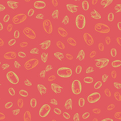 Seamless vector pattern with berries, olives and leaves, nuts. Floral texture in doodle style. Illustration for food packaging, olive oil label, pickled olives, grocery store design
