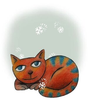 Animation of a cute cat on snowy background. The illustration is made with colored pencils.