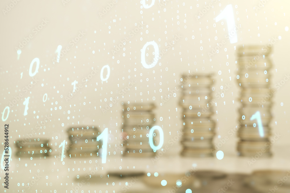 Poster abstract virtual binary code sketch on growing coins stacks background, hacking and matrix concept. 