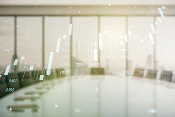 Abstract virtual analytics data spreadsheet on a modern coworking room background, analytics and analysis concept. Multiexposure