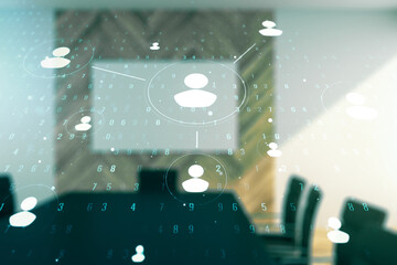 Abstract virtual social network concept on a modern conference room background. Multiexposure