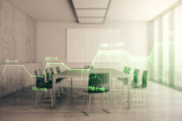 Abstract virtual analytics data spreadsheet on a modern coworking room background, analytics and analysis concept. Multiexposure