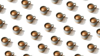 Flat lay pattern of grey cups of coffee on white background. Top view, web banner