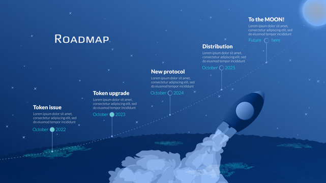 Roadmap with line from planet Earth to the Moon and launching spacecraft on blue background. Timeline infographic template for business presentation. Vector.
