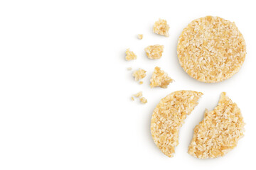 coconut cookies with white flax seeds and honey isolated on white background. Healthy food. Top view with copy space for your text. Flat lay