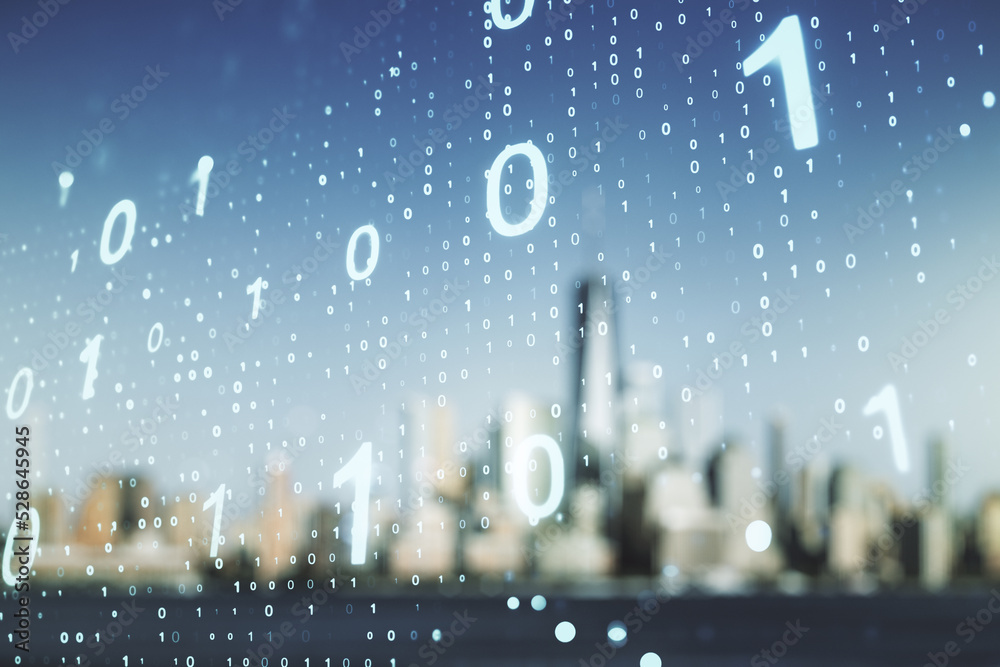 Aufkleber Double exposure of abstract virtual binary code hologram on blurry cityscape background. Database and programming concept