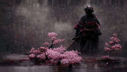 Samurai cyber with sword near pink flowers on pond bank - obrazy, fototapety, plakaty