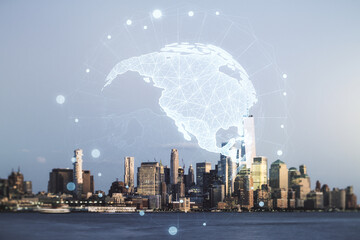Double exposure of digital map of North America hologram on New York city skyscrapers background,...