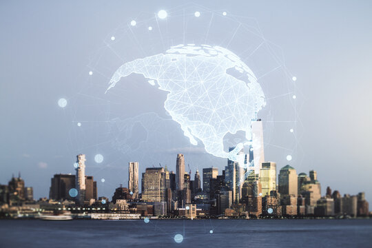 Double exposure of digital map of North America hologram on New York city skyscrapers background, research and strategy concept