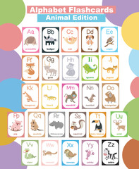 Animal alphabet flashcard. Educational printable flashcard. Vector illustrations.