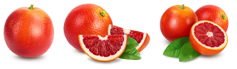 Blood red oranges isolated on white background with full depth of field. Set or collection